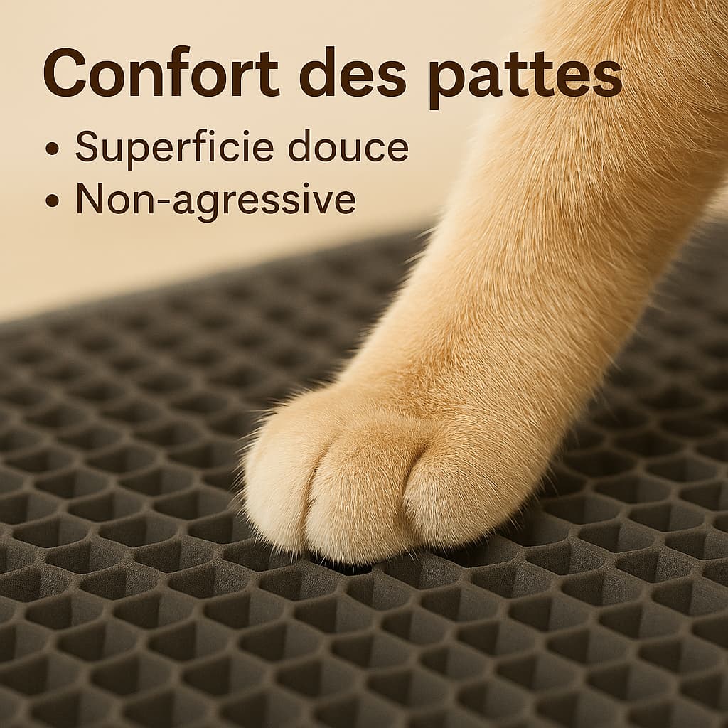 Tapis de litière pour chat, retient les grains, design élégant et nettoyage facile.
