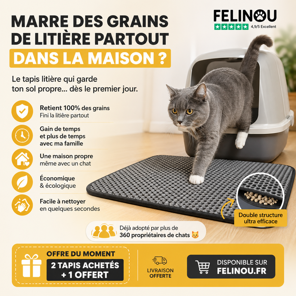 Tapis de litière pour chat, retient les grains, design élégant et nettoyage facile.