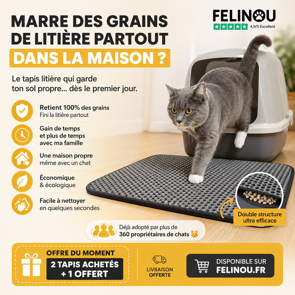 Tapis de litière pour chat, retient les grains, design élégant et nettoyage facile.