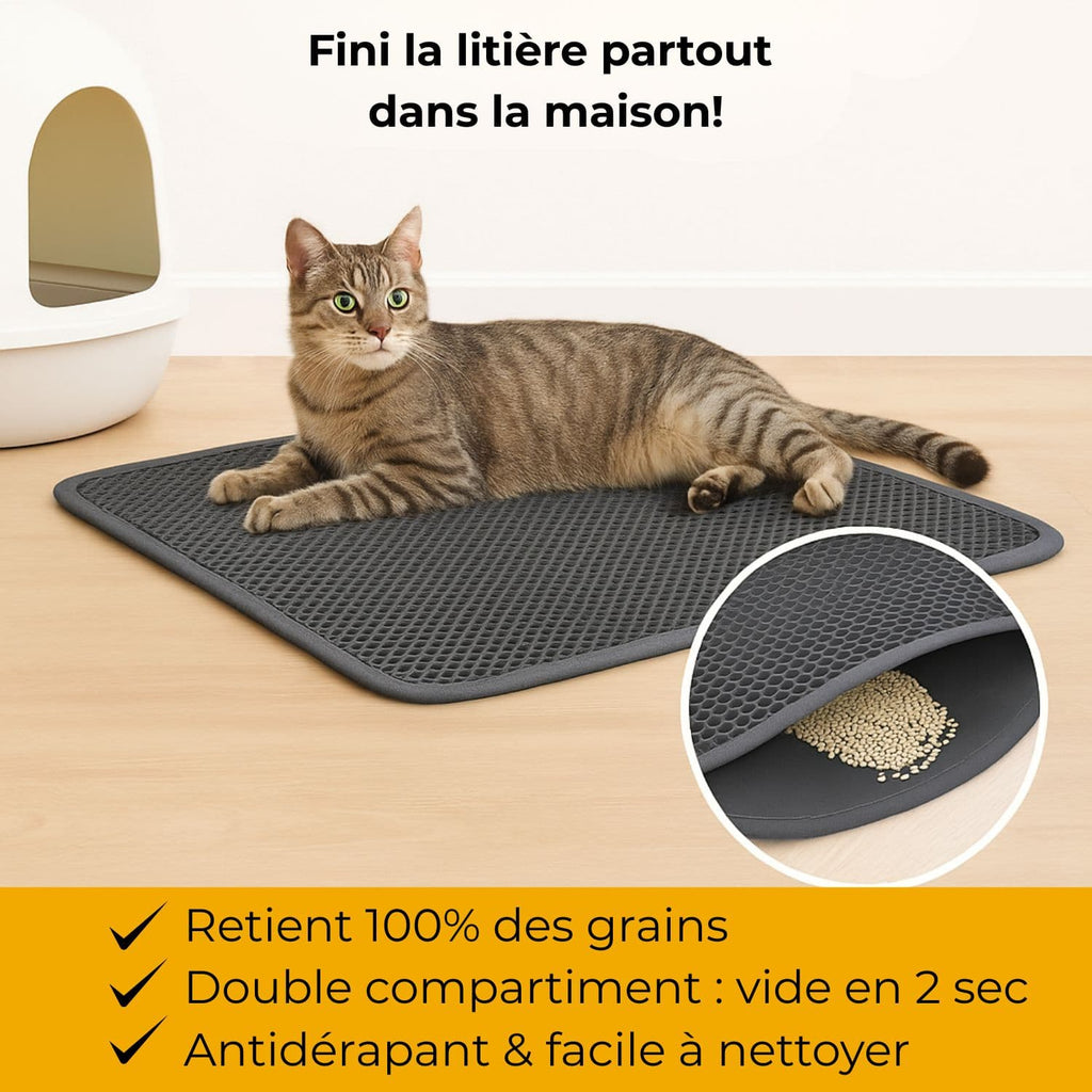 Tapis de litière pour chat, retient les grains, design élégant et nettoyage facile.