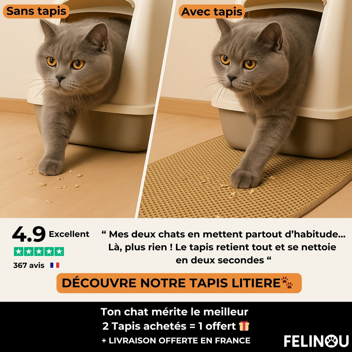 Tapis de litière pour chat, retient les grains, design élégant et nettoyage facile.