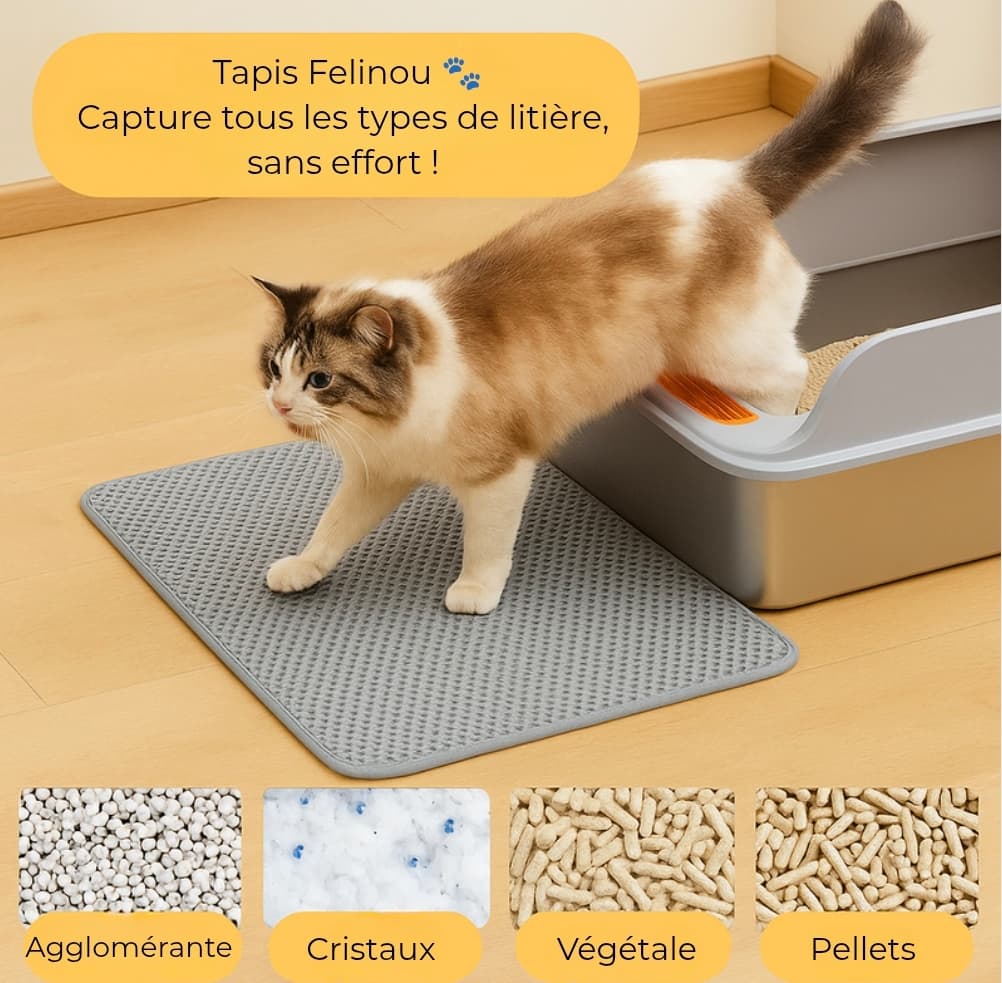 Tapis de litière pour chat, retient les grains, design élégant et nettoyage facile.
