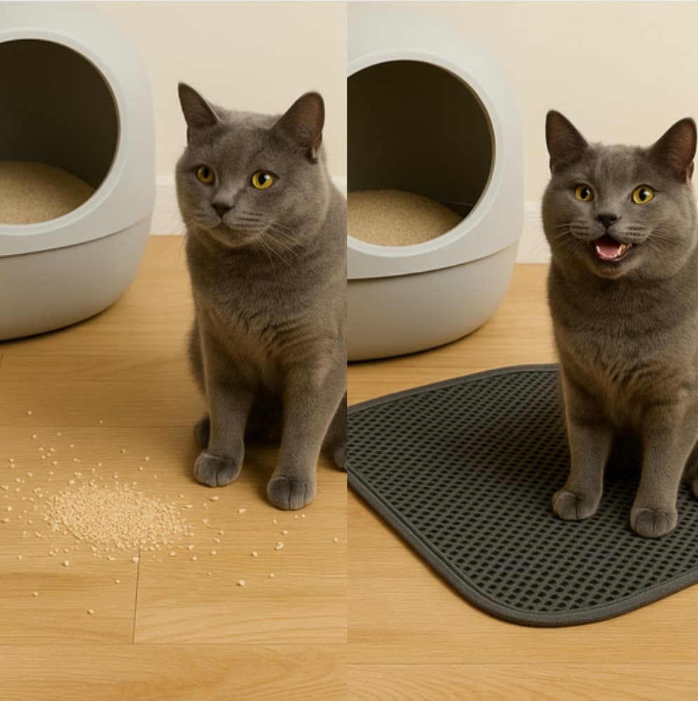 Tapis de litière pour chat, retient les grains, design élégant et nettoyage facile.